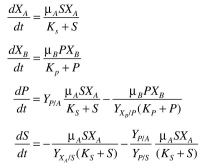 Organism A grows on substrate S and produces product P, which is the only substrate that or- ganism B can utilize. The batch kinetics are Assume the following parameter values: Determine the behavior of these two organisms in a chemostat. Plot S, P, versus dilution rate. Discuss what happens to organism B as the dilution rate approaches the washout dilution rate for organism A. (Courtesy of L. Erickson, from Collected Coursework Prob- lems in Biochemical Engineering, compiled by H. W. Blanch for 1977 Am. Soc. Eng. Educ. Summer School.)
