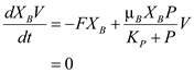 Steady state material balances for a Chemostat with 2 Organisms and Commensalism ……(1) …… (2) ……(3) …… (4) Solving equation (1) for D ( F/V ) as a function of S …… (5) Solving equation (2) for P as a function of S and D …… (6) …… (7) Solving equation (3) for as a function of S , D and P …… (8) Solving equation (4) for as a function of S , D , P and …… (9) Choose S and use equation (5) to compute D , equation (7) to compute P , equation (8) to compute , and equation (9) to compute Since organism B relies on organism A to produce its substrate, P, washout of organism A, and thus the cessation of P production, results in washout of organism B as well. In examining equation (8) notice the direct dependence of on