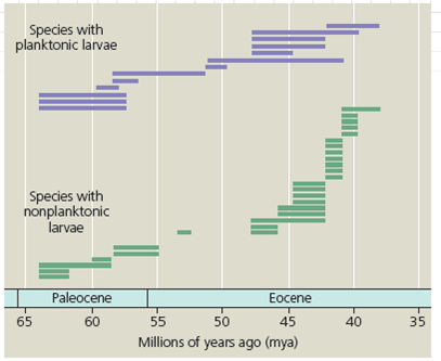 Estimating Quantitative Data from a Graph and Developing Hypotheses  Do Ecological Factors Affect Evolutionary Rates Researchers studied the fossil record to investigate whether differing modes of larval dispersal might explain species longevity within one taxon of marine snails, the family Volutidae. Some of the snail species had nonplanktonic larvae: They developed directly into adults without a swimming stage. Other species had planktonic larvae: They had a swimming stage and could disperse very long distances. The adults of these planktonic species tended to have broad geographic distributions, whereas nonplanktonic species tended to be more isolated.    How the Research Was Done The researchers studied the stratigraphic distribution of volutes in outcrops of sedimentary rocks located along North America's Gulf coast. These rocks, which formed from 66 to 37 million years ago, early in the Paleogene period, are an excellent source of well-preserved snail fossils. The researchers were able to classify each fossil species of volute snail as having planktonic or nonplanktonic larvae based on features of the earliest formed whorls of the snail's shell. Each bar in the graph shows how long one species of snail persisted in the fossil record.    You can estimate quantitative data (fairly precisely) from a graph. The first step is to obtain a conversion factor by measuring along an axis that has a scale. In this case, 25 million years (my; from 60 to 35 million years ago [mya] on the x -axis) is represented by a distance of 7.0 cm. This yields a conversion factor (a ratio) of 25 my/7.0 cm = 3.6 my/cm. To estimate the time period represented by a horizontal bar on this graph, measure the length of that bar in centimeters and multiply that measurement by the conversion factor, 3.6 my/cm. For example, a bar that measures 1.1 cm on the graph represents a persistence time of 1.1 cm × 3.6 my/cm = 4 million years.