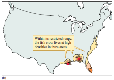 Suppose that in the near future, the fish crow population in North America declines because of habitat destruction. Now that you have reviewed the large-scale distribution and abundance of the fish crow (see fig. 9.15 b ), devise a conservation plan for the species that includes establishing protected refuges for the species. Where would you locate the refuges How many refuges would you recommend Figure 9.15 ( a ) Winter distribution of the American crow, Corvus brachyrynchos. ( b ) Winter distribution of the fish crow, C. ossifragus (data from Root 1988).