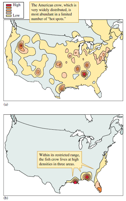 What factors might be responsible for the aggregation of American crows in winter (see fig. 9.15) Figure 9.15 ( a ) Winter distribution of the American crow, Corvus brachyrynchos. ( b ) Winter distribution of the fish crow, C. ossifragus (data from Root 1988).