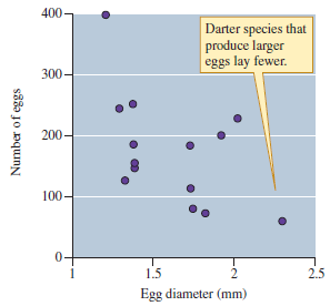 Large darter species produce larger numbers of smaller eggs compared to smaller darter species (see figs. 12.3 12.4). Consequently, would you expect to find more genetic differences along the length of a river system among small darters or large darters (Hint: Consider fig. 12.5.) Figure 12.3 Relationship between female darter size and number of eggs. Each point represents a different darter species (data from Turner and Trexler 1998). Figure 12.4 Relationship between the size of eggs laid by several darter species and the number of eggs laid (data from Turner and Trexler 1998). Figure 12.5 Egg size, egg number, and gene flow among darter populations (data from Turner and Trexler 1998).
