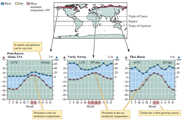Biologists have observed much more similarity in species composition among boreal forests and among areas of tundra in Eurasia and North America than among tropical rain forests or among Mediterranean woodlands around the globe. Can you offer an explanation of this contrast based on the global distributions of these biomes shown in figures 2.10, 2.22, 2.31, and 2.34?    Figure 2.10 Tropical rain forest geography and climate.    Figure 2.22 Mediterranean woodland and shrubland geography and climate.    Figure 2.31 Boreal forest geography and climate.    Figure 2.34 Tundra geography and climate.