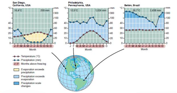As you've learned in this chapter, temperature and moisture are critical factors in determining the distribution and health of ecosystems. But how do you read the climate and precipitation graphs that accompany the description of each biome To begin, examine the three climate graphs in this box. These graphs show annual trends in temperature and precipitation (rainfall and snow). They also indicate the relationship between potential evaporation, which depends on temperature and precipitation. When evaporation exceeds precipitation, dry conditions result (yellow areas). Extremely wet months are shaded dark blue on the graphs. Moist climates may vary in precipitation rates, but evaporation rarely exceeds precipitation. Months above freezing temperature (shaded brown on the X-axis) have most evaporation. Comparing these climate graphs helps us understand the different seasonal conditions that control plant and animal lives in different biomes. Moisture availability depends on temperature as well as precipitation. The horizontal axis on these climate diagrams shows months of the year; vertical axes show temperature ( left side ) and precipitation ( right ). The number of dry months ( shaded yellow ) and wetter months ( blue ) varies with geographic location. Mean annual temperature (°C) and precipitation (mm) are shown at the top of each graph. What are the maximum and minimum temperatures in each of the three locations shown