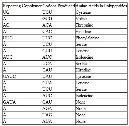 In a coding experiment using repeating copolymers (as shown in Table), the following data were obtained. AGG is known to code for arginine. Taking into account the wobble hypothesis, assign each of the four remaining different triplet codes to its correct amino acid. TABLE Amino Acids Incorporated Using Repeated Synthetic Copolymers of RNA