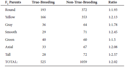 For all seven characters described in the data of Figure 2.5, Mendel allowed the F 2 plants to self-fertilize. He found that when F 2 plants with recessive traits were crossed to each other, they always bred true. However, when F 2 plants with dominant traits were crossed, some bred true but others did not. A summary of Mendel's results is shown here. The Ratio of True-Breeding and Non-True-Breeding Parents of the F 2 Generation When considering the data in this table, keep in mind that it describes the characteristics of the F 2 generation parents that had displayed a dominant phenotype. These data were deduced by analyzing the outcome of the F 3 generation. Based on Mendel's laws, explain the 1:2 ratio obtained in these data. FIGURE 2.5 Mendel's analysis of single-factor crosses. Starting material: Mendel began his experiments with true-breeding strains of pea plants that varied in only one of seven different characters (see Figure 2.4). FIGURE 2.4 An illustration of the seven characters that Mendel studied. Each character was found as two variants that were decisively different from each other.