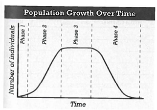 INTERPRETING GRAPHICS: The graph below shows the size of a particular population over time. Use the graph to answer the question that follows. In the graph, which time period shows negative growth of the population? A) phase 1 B) phase 2 C) phase 3 D) phase 4