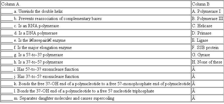 The following events, steps, or reactions occur during E. coli DNA replication. For each entry in column A, select its match(es) from column B. Each entry in A may have more than one match, and each entry in B can be used more than once.