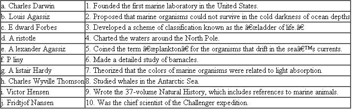 Match the following researchers with their accomplishments in the field of marine biology.