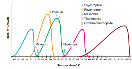 From figure 7.6. What effect will a patient's fever have on infection by a mesophile Figure 7.6 Ecological groups by temperature of adaptation.