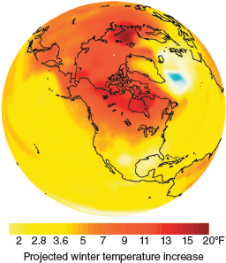 Where in figure does the most dramatic warming occur? FIGURE Environmental and political challenges. (a) climate change is projected to raise temperatures, especially in northern winter months. (b) Some 800 million people lack adequate nutrition. (c) Poor water quality is responsible for more than 15 million deaths each year. (d) Biodiversity including marine species, continues to decline. DATA: NOAA 2010, WWF 2008. (a) Climate change