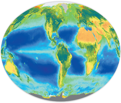 Figure shows chlorophyll (plant growth) in oceans and on land. Explain why green, photosynthesizing organisms occur in bands at the equator and along the edges of continents. Explain the very dark green areas and yellow/orange areas on the continents. FIGURE Satellite measurements of chlorophyll levels in the oceans and on land. Dark green to blue land areas have high biological productivity. Dark blue oceans have little chlorophyll and are biologically impoverished. Light green to yellow ocean zones are biologically rich. SOURCE: SeaWiFS/NASA.
