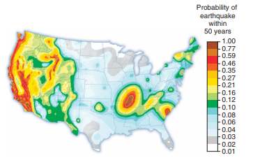 Exploring Recent Earthquakes The USGS Earthquake Center is a site that gives you access to global earthquake monitoring data. Understanding the distribution of earthquakes will help you understand the patterns of earth movement, volcanoes, and mountain building processes. Earthquakes are also one of our most important geologic hazards worldwide. Go to Connect to find data and questions that let you examine real-time earthquake records and to demonstrate your understanding of this geologic phenomenon. Figure 1 Probability of earthquakes in the coming half-century.