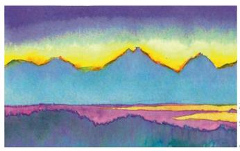 The blue area in the painting in Figure is a silhouette of a mountain. The dark area in the foreground represents trees. What happens to your perception of these two areas when you turn the picture upside down? (Hint: Can you see yellow mountains in the foreground of the upside-down picture?) Relate the changes in perception you experience to the determinants of figure and ground discussed in this chapter. Figure Detail of Winter Twilight (2011) by Bernie Baker. Look at this painting right side up and upside down. What changes?