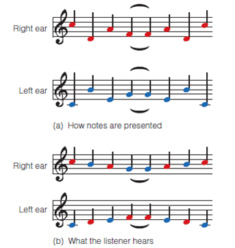 What are the basic principles of auditory grouping that help us achieve auditory scene analysis? Be sure you understand the following experiments: Bregman and Campbell (Figure 1); galloping crossing streams (Figure 2); scale illusion (Figure 3); auditory continuity (Figure 4); and melody schema (Figure 5). Figure 1 (a) When high and low tones are alternated slowly, auditory stream segregation does not occur, so the listener perceives alternating high and low tones. (b) Faster alternation results in segregation into high and low streams. Figure 2 (a) Two sequences of stimuli: a sequence of similar notes (red), and a scale (blue). (b) Perception of these stimuli: Separate streams are perceived when they are far apart in frequency, but the tones appear to jump back and forth between stimuli when the frequencies are in the same range. Figure 3 (a) These stimuli were presented to a listener's left ear (blue) and right ear (red) in Deutsch's (1975) scale illusion experiment. Notice how the notes presented to each ear jump up and down. (b) Although the notes in each ear jump up and down, the listener perceives a smooth sequence of notes. This effect is called the scale illusion, or melodic channeling. Figure 4 A demonstration of auditory continuity, using tones. Figure 5 Three Blind Mice. (a) Jumping octave version. (b) Normal version.