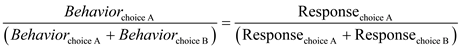When all choices of a concurrent schedule have the same reinforcement, the rate of response is equal to the rate of reinforcement (known as the matching law.) When the reinforcement schedule differs among choices, the rate of reinforcement still controls the rate of response per possible choice. The matching law equation describes how the rate of behavior and reinforcement of one choice is proportional to the total rate of response and reinforcement of all choices.     To explain the equation, one must understand the major statement that the behavior is the same as the response. Even if the behavior rate of one choice may differ from the other, the behavior of either choice is a proportion of the total rate of behavior; the same analogy can be said of the response for the particular choice. In other words, the rate of behavior of any one choice is the same as the rate of response of that particular choice, even in the face of more than one choice. We can substitute numerical values to explain:  