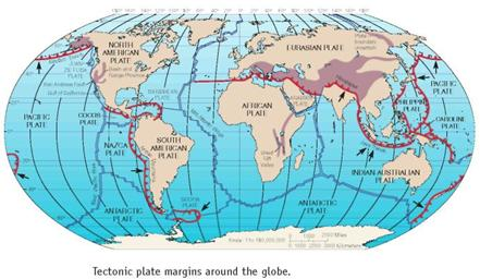 Figures 14.3 and 14.4 show the margins of tectonic plates, or the sections of crust that make up the earth's surface. The movements-and collisions-of these plates are responsible for many of the geological resources and events we see around us. Because these movements are so important, the map is reproduced here. Examine it to answer the following questions: Examine the red line of subduction that runs north along the eastern side of the Philippine plate and near Japan.