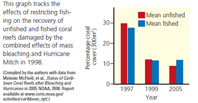 Some 45-53% of the world's shallow coral reefs have been destroyed or severely damaged ( Core Case Study ). A number of factors have played a role in this serious loss of aquatic biodiversity, including ocean warming, sediment from coastal soil erosion, excessive algal growth from fertilizer runoff, coral bleaching, rising sea levels, ocean acidification, overfishing, and damage from hurricanes. In 2005, scientists Nadia Bood, Melanie McField, and Rich Aronson conducted research to evaluate the recovery of coral reefs in Belize from the combined effects of mass bleaching and Hurricane Mitch in 1998. Some of these reefs are in protected waters where no fishing is allowed. The researchers speculated that reefs in waters where no fishing is allowed should recover faster than reefs in waters where fishing is allowed. The graph to the left shows some of the data they collected from three highly protected (unfished) sites and three unprotected (fished) sites to evaluate their hypothesis. Study this graph and answer the questions below. By about what percentage did the coral cover change in the unprotected (fished) reefs between 1997 and 2005