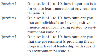 Choose an environmental issue that you have studied in this course, such as climate change, population growth, or biodiversity loss. Conduct a poll of students, faculty, staff, and local residents in your community by asking them the questions that follow, relating to your particular environmental issue. Poll as many people as you can in order to get a large sample. Create categories. For example, note whether each respondent is male or female. By creating such categories, you are placing each person into a respondent pool. You can add other questions about age, political leaning, and other factors to refine your pools. List any major conclusions you would draw from the data.