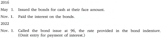 Entries for issuing and calling bonds; gain Emil Corp. produces and sells wind-energy-driven engines. To finance its operations, Emil Corp. issued $15,000,000 of 20-year, 9% callable bonds on May 1, 2016 at their face amount, with interest payable on May 1 and November 1. The fiscal year of the company is the calendar year. Journalize the entries to record the following selected transactions:  <div style=padding-top: 35px> 