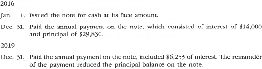 Entries for installment note transactions On January 1, 2016, Hebron Company issued a $175,000, five-year, 8% installment note to Ventsam Bank. The note requires annual payments of $43,380, beginning on December 31, 2016. Journalize the entries to record the following:  <div style=padding-top: 35px> 