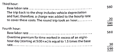 Classifying costs Geek Chic Company provides computer repair services for the community. Obie Won's computer was not working, and he called Geek Chic for a home repair visit. Geek Chic Company's technician arrived at 2:00 P.M. to begin work. By 4:00 P.M. the problem was diagnosed as a failed circuit board. Unfortunately the technician did not have a new circuit board in the truck because the technician's previous customer had the same problem, and a board was used on that visit. Replacement boards were available back at Geek Chic Company's shop. Therefore, the technician drove back to the shop to retrieve a replacement board. From 4:00 to 5:00 P.M., Geek Chic Company's technician drove the round trip to retrieve the replacement board from the shop. At 5:00 P.M. the technician was back on the job at Obie's home. The replacement procedure is somewhat complex because a variety of tests must be performed once the board is installed. The job was completed at 6:00 P.M. Obie's repair bill showed the following: Obie was surprised at the size of the bill and asked for some greater detail supporting the calculations. Geek Chic Company responded with the following explanations: The labor charge per hour is detailed as follows: Further explanations in the differences in the hourly rates are as follows: 1. If you were in Obie's position, how would you respond to the bill Are there parts of the bill that appear incorrect to you If so, what argument would you employ to convince Geek Chic Company that the bill is too high 2. Use the headings that follow to construct a table. Fill in the table by first listing the costs identified in the activity in the left-hand column. For each cost, place a check mark in the appropriate column identifying the correct cost classification. Assume that each service call is a job.