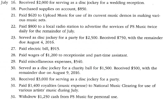The transactions completed by PS Music during June 2016 were described at the end of Chapter 1. The following transactions were completed during July, the second month of the business's operations: Enter the following transactions on Page 2 of the two-column journal: PS Music's chart of accounts and the balance of accounts as of July 1, 2016 (all normal balances), are as follows: Instructions 1. Enter the July 1, 2016, account balances in the appropriate balance column of a four-column account. Write Balance in the Item column, and place a check mark () in the Posting Reference column. ( Hint: Verify the equality of the debit and credit balances in the ledger before proceeding with the next instruction.) 2. Analyze and journalize each transaction in a two-column journal beginning on Page 1, omitting journal entry explanations. 3. Post the journal to the ledger, extending the account balance to the appropriate balance column after each posting. 4. Prepare an unadjusted trial balance as of July 31, 2016.