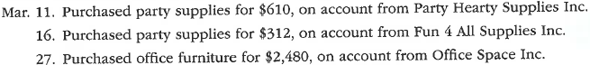 A Purchases journal The following purchase transactions occurred during March for Celebration Catering Service: Record these transactions in the following purchases journal format: B Purchases journal The following purchase transactions occurred during November for Manheim Inc.: Record these transactions in the following purchases journal format: