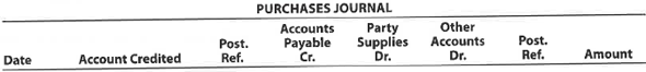 A Purchases journal The following purchase transactions occurred during March for Celebration Catering Service: Record these transactions in the following purchases journal format: B Purchases journal The following purchase transactions occurred during November for Manheim Inc.: Record these transactions in the following purchases journal format: