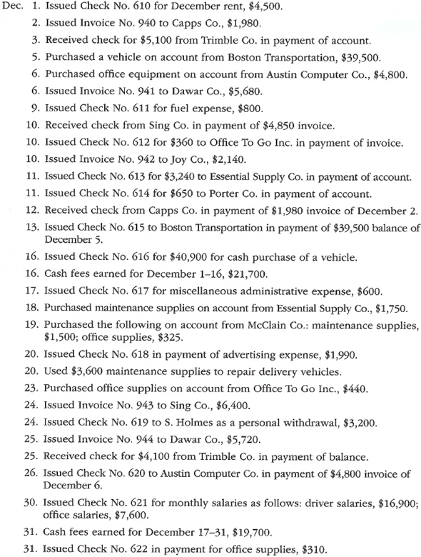 All journals and general ledger; trial balance The transactions completed by Revere Courier Company during December 2016, the first month of the fiscal year, were as follows: Instructions 1. Enter the following account balances in the general ledger as of December 1: 2. Journalize the transactions for December 2016, using the following journals similar to those illustrated in this chapter: cash receipts journal (p. 31), purchases journal (p. 37, with columns for Accounts Payable, Maintenance Supplies, Office Supplies, and Other Accounts), single-column revenue journal (p. 35), cash payments journal (p. 34), and two-column general journal (p. 1). Assume that the daily postings to the individual accounts in the accounts payable subsidiary ledger and the accounts receivable subsidiary ledger have been made. 3. Post the appropriate individual entries to the general ledger. 4. Total each of the columns of the special journals, and post the appropriate totals to the general ledger; insert the account balances. 5. Prepare a trial balance.