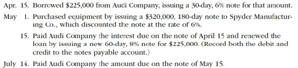 Liability transactions The following items were selected from among the transactions completed by Aston Martin Inc. during the current year: Instructions 1. Journalize the transactions. 2. Journalize the adjusting entry for each of the following accrued expenses at the end of the current year: a. Product warranty cost, $26,800. b. Interest on the 19 remaining notes owed to Gallardo Co.