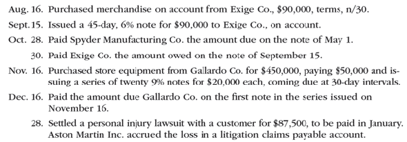 Liability transactions The following items were selected from among the transactions completed by Aston Martin Inc. during the current year: Instructions 1. Journalize the transactions. 2. Journalize the adjusting entry for each of the following accrued expenses at the end of the current year: a. Product warranty cost, $26,800. b. Interest on the 19 remaining notes owed to Gallardo Co.