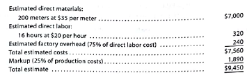 Job order cost sheet Remnant Carpet Company sells and installs commercial carpeting for office buildings. Remnant Carpet Company uses a job order cost system. When a prospective customer asks for a price quote on a job, the estimated cost data are inserted on an unnumbered job cost sheet. If the offer is accepted, a number is assigned to the job, and the costs incurred are recorded in the usual manner on the job cost sheet. After the job is completed, reasons for the variances between the estimated and actual costs are noted on the sheet. The data are then available to management in evaluating the efficiency of operations and in preparing quotes on future jobs. On October 1, 2016, Remnant Carpet Company gave Jackson Consulting an estimate of $9,450 to carpet the consulting firm's newly leased office. The estimate was based on the following data: On October 3, Jackson Consulting signed a purchase contract, and the delivery and installation was completed on October 10. The related materials requisitions and time tickets are summarized as follows: Instructions 1. Complete that portion of the job order cost sheet that would be prepared when the estimate is given to the customer. 2. Record the costs incurred, and prepare a job order cost sheet. Comment on the reasons for the variances between actual costs and estimated costs. For this purpose, assume that the additional meters of material used in the job were spoiled, the factory overhead rate has proven to be satisfactory, and an inexperienced employee performed the work.