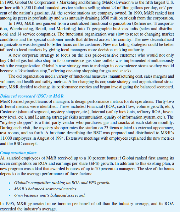 Global Oil Required: a. Critically evaluate M R's implementation of the balanced scorecard. Identify any strengths and weaknesses of the program. b. Was the adoption of the balanced scorecard at M R responsible for the turnaround in its financial performance?
