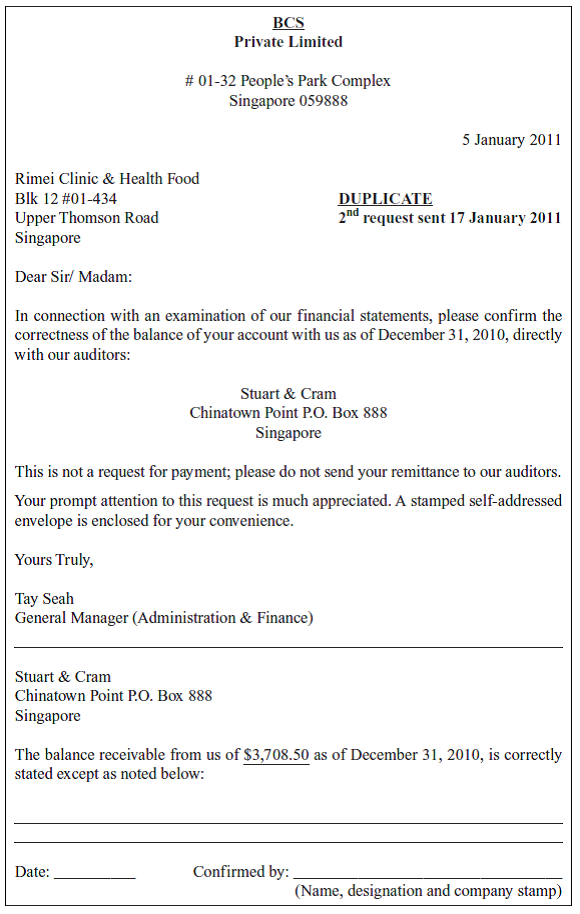 Substantive test of balances. Refer to Appendix A for five replies from customers of BCS Inc. in response to the receivables confirmation conducted by Stuart Cram, the BCS auditor and a copy of two letters for which replies have not yet been received. a. For each reply, explain what you think has happened, how you would verify your explanation, and whether the reply represents a misstatement in the BCS accounts. If so, prepare the adjusting entry. b. For the two nonreplies, explain what other method the auditor could use to obtain some assurance on the balances involved.