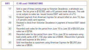 Recording sales made for cash, open account, and with credit cards. The Victorian Elegance China Shop sells china, stemware, and other gift items. Sales to retail customers are subject to an 8 percent sales tax. The firm sells its merchandise for cash; to customers using bank credit cards, such as MasterCard and VISA; and, to customers using American Express. The bank credit cards charge a 3 percent fee. American Express charges a 4 percent fee. The Victorian Elegance China Shop also grants trade discounts to certain wholesale customers who place large orders. These orders are not subject to sales tax. During June 2013, The Victorian Elegance China Shop engaged in the following transactions: INSTRUCTIONS 1. Open the general ledger accounts indicated below and enter the balances as of June 1, 2013. 2. Record the transactions in a general journal. Use 15 as the journal page number. 3. Post the entries from the general journal to the appropriate accounts in the general ledger. GENERAL LEDGER ACCOUNTS Analyze: What was the total credit card expense incurred in June?