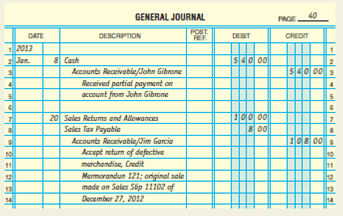 Posting to the general ledger and the accounts receivable ledger. Post the entries in the general journal below to the accounts receivable account in the general ledger and to the appropriate accounts in the accounts receivable ledger for Calderone Company. Assume the following account balances at January 1, 2013: Use 111 as the account number for Accounts Receivable in the general ledger.