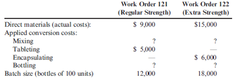 Operation Costing: Unit Costs and Journal Entries Jacson Company produces two brands of a popular pain medication: regular strength and extra strength. Regular strength is produced in tablet form, and extra strength is produced in capsule form. All direct materials needed for each batch are requisitioned at the start. The work orders for two batches of the products are shown below, along with some associated cost information: In the Mixing Department, conversion costs are applied on the basis of direct labor hours. Budgeted conversion costs for the department for the year were $60,000 for direct labor and $190,000 for overhead. Budgeted direct labor hours were 5,000. It takes one minute of labor time to mix the ingredients needed for a 100-unit bottle (for either product). In the Bottling Department, conversion costs are applied on the basis of machine hours. Budgeted conversion costs for the department for the year were $400,000. Budgeted machine hours were 20,000. It takes one-half minute of machine time to fill a bottle of 100 units. Required: 1. What are the conversion costs applied in the Mixing Department for each batch? The Bottling Department? 2. Calculate the cost per bottle for the regular and extra strength pain medications. 3. Prepare the journal entries that record the costs of the 12,000 regular strength batch as it moves through the various operations. 4. Suppose that the direct materials are requisitioned by each department as needed for a batch. For the 12,000 regular strength batch, direct materials are requisitioned for the Mixing and Bottling departments. Assume that the amount of cost is split evenly between the two departments. How will this change the journal entries made in Requirement 3?