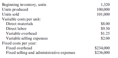 Income Statements, Variable and Absorption Costing The following information pertains to Vladamir, Inc., for last year: There are no work-in-process inventories. Normal activity is 100,000 units. Expected and actual overhead costs are the same. Costs have not changed from one year to the next. Required: 1. How many units are in ending inventory? 2. Without preparing an income statement, indicate what the difference will be between variable-costing income and absorption-costing income. 3. Assume the selling price per unit is $29. Prepare an income statement using (a) variable costing and (b) absorption costing.