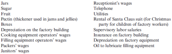 Classifying Cost of Production A factory manufactures jelly. The jars of jelly are packed six to a box, and the boxes are sold to grocery stores. The following types of cost were incurred: Required: Classify each of the costs as direct materials, direct labor, or overhead by using the following table. The row for ''Jars'' is filled in as an example.