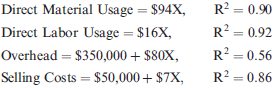 Cost Formulas, Single and Multiple Cost Drivers For the past 5 years, Garner Company has had a policy of producing to meet customer demand. As a result, finished goods inventory is minimal, and for the most part, units produced equal units sold. Recently, Garner's industry entered a recession, and the company is producing well below capacity (and expects to continue doing so for the coming year). The president is willing to accept orders that at least cover their variable costs so that the company can keep its employees and avoid layoffs. Also, any orders above variable costs will increase overall profitability of the company. Toward that end, the president of Garner Company implemented a policy that any special orders will be accepted if they cover the costs that the orders cause. To help implement the policy, Garner's controller developed the following cost formulas: where X = direct labor hours. Required: 1. Compute the total unit variable cost. Suppose that Garner has an opportunity to accept an order for 20,000 units at $212 per unit. Each unit uses one direct labor hour for production. Should Garner accept the order? (The order would not displace any of Garner's regular orders.) 2. (Appendix 3A) Explain the significance of the coefficient of determination measures for the cost formulas. Did these measures have a bearing on your answer in Requirement 1? Should they have a bearing? Why? 3. (Appendix 3A) Suppose that a multiple regression equation is developed for overhead costs: Y = $100,000 + $85X1 + $5,000X2 + $300X3, where X1 = Direct Labor Hours, X2 = Number of Setups, and X3 = Engineering Hours. The coefficient of determination for the equation is 0.89. Assume that the order of 20,000 units requires 12 setups and 600 engineering hours. Given this new information, should the company accept the special order referred to in Requirement 1? Is there any other information about cost behavior that you would like to have? Explain.
