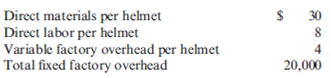 Variable Cost, Fixed Cost, Contribution Margin Income Statement Head-First Company plans to sell 5,000 bicycle helmets at $75 each in the coming year. Product costs include: Variable selling expense is a commission of $3 per helmet; fixed selling and administrative expense totals $29,500. Required : 1. Calculate the total variable cost per unit. 2. Calculate the total fixed expense for the year. 3. Prepare a contribution margin income statement for Head-First Company for the coming year.