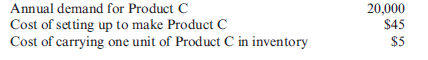 McCartney Company produces a number of products and provides the following information: Currently, McCartney produces 1,000 units of Product C per production run. Refer to the information for McCartney Company above. What is the total inventory-related cost at the EOQ? ( Note : Round the number of setups to the nearest whole number.) a. $1,500 b. $3,330 c. $2,985 d. $3,400 e. $5,000