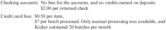Differential Costing As pointed out earlier in ''Here's the Real Kicker,'' Kicker changed banks a couple of years ago because the loan officer at its bank moved out of state. Kicker saw that as an opportunity to take bids for its banking business and to fine-tune the banking services it was using. This problem uses that situation as the underlying scenario but uses three banks: FirstBank, Community Bank, and RegionalOne Bank. A set of representative data was presented to each bank for the purpose of preparing a bid. The data are as follows: Checking accounts needed: 6 Checks per month:* 2,000 Foreign debits/credits on checking accounts per month: 200 Deposits per month:* 300 Returned checks:* 25 per month Credit card charges per month: 4,000 Wire transfers per month: 100, of which 60 are to foreign bank accounts Monthly credit needs (line of credit availability and cost): $100,000 average monthly usage *These are overall totals for the six accounts during a month. Internet banking services? Knowledgeable loan officer? Responsiveness of bank? FirstBank Bid: Credit card fees: $0.50 per item Wire transfers: $15 to domestic bank accounts, $50 to foreign bank accounts The loan officer assigned to the potential Kicker account had 10 years of experience with medium to large business banking and showed an understanding of the audio industry. Community Bank Bid: Wire transfers: $30 per wire transfer Internet banking services? Not currently, but within the next six months The loan officer assigned to the potential Kicker account had 4 years of experience with medium to large business banking, none of which pertained to the audio industry. RegionalOne Bank Bid: Credit card fees: $0.50 per item Wire transfers: $10 to domestic bank accounts, $55 to foreign bank accounts The loan officer assigned to the potential Kicker account had 2 years of experience with large business banking. Another branch of the bank had expertise in the audio industry and would be willing to help as needed. This bank was the first one to submit a bid. Required: 1. Calculate the predicted monthly cost of banking with each bank. Round answers to the nearest dollar. 2. CONCEPTUAL CONNECTION Suppose Kicker felt that full online Internet banking was critical. How would that affect your analysis from Requirement 1? How would you incorporate the subjective factors (e.g., experience, access to expertise)?