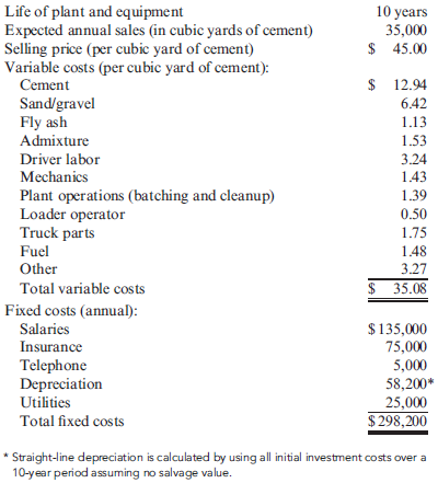 Payback, Net Present Value, Internal Rate of Return, Effects of Differences in Sales on Project Viability Shaftel Ready Mix is a processor and supplier of concrete, aggregate, and rock products. The company operates in the intermountain western United States. Currently, Shaftel has 14 cementprocessing plants and a labor force of more than 375 employees. With the exception of cement powder, all materials (e.g., aggregates and sand) are produced internally by the company. The demand for concrete and aggregates has been growing steadily nationally. In the West, the growth rate has been above the national average. Because of this growth, Shaftel has more than tripled its gross revenues over the past 10 years. Of the intermountain states, Arizona has been experiencing the most growth. Processing plants have been added over the past several years, and the company is considering the addition of yet another plant to be located in Scottsdale. A major advantage of another plant in Arizona is the ability to operate year round, a feature not found in states such as Utah and Wyoming. In setting up the new plant, land would have to be purchased and a small building constructed. Equipment and furniture would not need to be purchased; these items would be transferred from a plant that opened in Wyoming during the oil boom period and closed a few years after the end of that boom. However, the equipment needs some repair and modifications before it can be used. The equipment has a book value of $200,000, and the furniture has a book value of $30,000. Neither has any outside market value. Other costs, such as the installation of a silo, well, electrical hookups, and so on, will be incurred. No salvage value is expected. The summary of the initial investment costs by category is as follows: Estimates concerning the operation of the Scottsdale plant follow: After reviewing these data, Karl Flemming, vice president of operations, argued against the proposed plant. Karl was concerned because the plant would earn significantly less than the normal 8.3% return on sales. All other plants in the company were earning between 7.5 and 8.5% on sales. Karl also noted that it would take more than 5 years to recover the total initial outlay of $582,000. In the past, the company had always insisted that payback be no more than 4 years. The company's cost of capital is 10%. Assume that there are no income taxes. Required: 1. Prepare a variable-costing income statement for the proposed plant. Compute the ratio of net income to sales. Is Karl correct that the return on sales is significantly lower than the company average? 2. Compute the payback period for the proposed plant. Is Karl right that the payback period is greater than 4 years? Explain. Suppose you were told that the equipment being transferred from Wyoming could be sold for its book value. Would this affect your answer? 3. Compute the NPV and the IRR for the proposed plant. Would your answer be affected if you were told that the furniture and equipment could be sold for their book values? If so, repeat the analysis with this effect considered. 4. Compute the cubic yards of cement that must be sold for the new plant to break even. Using this break-even volume, compute the NPV and the IRR. Would the investment be acceptable? If so, explain why an investment that promises to do nothing more than break even can be viewed as acceptable. 5. Compute the volume of cement that must be sold for the IRR to equal the firm's cost of capital. Using this volume, compute the firm's expected annual income. Explain this result.