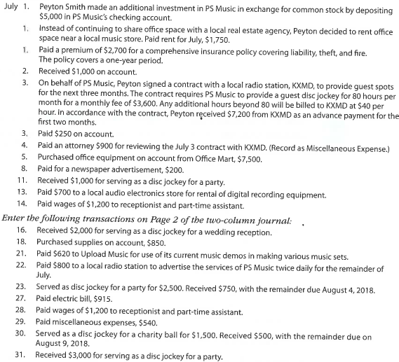 The transactions completed by PS Music during June 2018 were described at the end of Chapter 1. The following transactions were completed during July, the second month of the business's operations: PS Music's chart of accounts and the balance of accounts as of July 1, 2018 (all normal balances), are as follows: Instructions 1. Enter the July 1, 2018, account balances in the appropriate balance column of a four-column account. Write Balance in the Item column, and place a check mark (?) in the Posting Reference column. ( Hint: Verify the equality of the debit and credit balances in the ledger before proceeding with the next instruction.) 2. Analyze and journalize each transaction in a two-column journal beginning on Page 1, omitting journal entry explanations. 3. Post the journal to the ledger, extending the account balance to the appropriate balance column after each posting. 4. Prepare an unadjusted trial balance as of July 31, 2018.