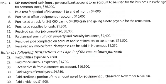 Journal entries and trial balance On November 1, 2018, Kris Lehman established an interior decorating business, Modern Designs. During the month, Kris completed the following transactions related to the business: Instructions 1. Journalize each transaction in a two-column journal beginning on Page 1, referring to the following chart of accounts in selecting the accounts to be debited and credited. (Do not insert the account numbers in the journal at this time.) Explanations may be omitted. 2. Post the journal to a ledger of four-column accounts, inserting appropriate posting references as each item is posted. Extend the balances to the appropriate balance columns after each transaction is posted. 3. Prepare an unadjusted trial balance for Modern Designs as of November 30, 2018. 4. Determine the excess of revenues over expenses for November. 5. Can you think of any reason why the amount determined in (4) might not be the net income for November?