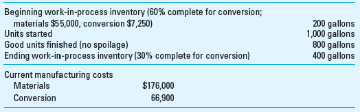 Process Costing and Activity-Based Costing Hampton Chemical Specialties, Inc. (HCS) is a manufacturer of specialty chemicals sold to manufacturers, hospitals, and other users. HCS produces 10 to 15 million gallons of its main product HCS-22 each month. The data for July follows (in thousands of gallons). The chemical raw materials are added at the beginning of processing. Each month HCS averages 100 batches of product with approximately 12,000 gallons per batch, though some batches are as large as 50,000 gallons or more, and some are as small as a few hundred gallons. Also, the pattern of customer orders is that large orders come in at all times of the month, while small orders tend to cluster around the last few days of the month. The small orders are due to salespersons trying to meet monthly sales quotas and the buying patterns of smaller customers who want their shipments early in the following month. As a result, in the average month three-fourths of the total orders are started in the last few days of the month, and most are not completed until early in the following month. For example, in July, 100 batches were produced, and 75 were still in the ending work-in-process inventory at the end of the month. Ted Brown, plant controller for HCS, thinks that the current costing method, using weighted-average process costing, underestimates the cost of the ending work-in-process inventory as well as the cost of smaller jobs. Required 1. Prepare the production cost report using the weighted-average method. 2. Assume that $28,500 of the $66,900 current conversion costs could be traced to batch-related activities such as equipment setup. Further, assume that these batch-related costs are all incurred when the batch is started. Ted has asked you to recalculate the production cost report to separate the batch-related costs from total conversion costs. How do the results differ from the method in requirement 1 Is Ted right about underestimating the cost of ending work-in-process inventory