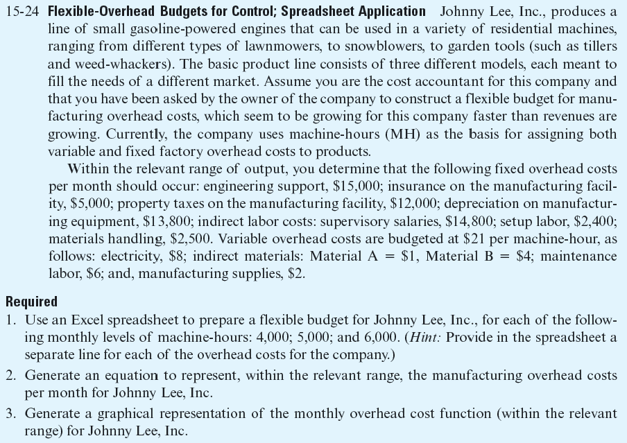 Journal Entries for Factory Overhead Costs and Standard Cost Variances; Spreadsheet Application Refer to the information for Johnny Lee, Inc., in Exercise 15-24. Assume that in a given month the standard allowed machine-hours for output produced were 5,500. Also, assume that the denominator activity level for setting the predetermined overhead rate is 6,550 machine-hours per month. Actual fixed overhead costs for the month were as follows: engineering support, $15,500 (salaries); factory insurance, $5,500; property taxes, $12,000; equipment depreciation, $13,800; supervisory salaries, $14,800; setup labor, $2,200; materials-handling labor, $2,400. The actual variable overhead cost per machine-hour worked was equal to the standard cost except for the following two items: electricity, $8.50 per machine-hour; manufacturing supplies, $2.10 per machine-hour. The company used 5,600 machine-hours in December. The company uses a single overhead account, Factory Overhead, and performs a two-way analysis of the total overhead cost variance each month. Required 1. Calculate the (a) flexible-budget variance, and (b) the fixed overhead production volume variance for the month. ( Hint: The total overhead variance for the month is $16,660U.) 2. Provide summary journal entries to record actual overhead costs and standard overhead cost applied to production during the month. 3. Provide the journal entry to record the two overhead cost variances for the month. 4. Assume that the variances calculated above represent net variances for the year. Give the required journal entry to close these variances to the Cost of Goods Sold (CGS) account. Reference: