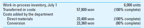 Weighted-Average Method; Transferred-in Costs Sanyo Corporation manufactures a popular model of business calculators in a suburb of Seoul, South Korea. The production process goes through two departments, assembly and testing. The following information (in thousands of South Korean currency, the won) pertains to the testing department for the month of July. During the month of July, 15,000 units were transferred in from the assembly department at the cost of 141,700 won, and the testing department added costs of 201,820 won, as follows: During the month, 18,000 units were completed and transferred to the warehouse. At July 31, the completion percentage of work-in-process was as follows: Required 1. Prepare the production report of the testing department for the month of July using weighted-average process costing. 2. Check the most recent issue of The Wall Street Journal or www.federalreserve.gov/releases/H10/hist to learn the exchange rate between the U.S. dollar and the South Korean won.
